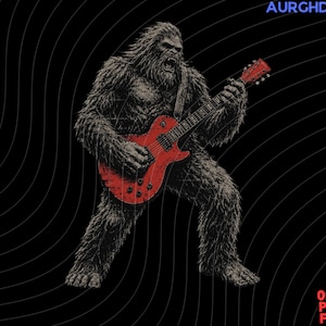 Peut inclure: Une illustration graphique d'une créature Bigfoot poilue brun foncé debout et jouant d'une guitare électrique rouge vif. La créature a la bouche ouverte sur un fond noir avec de fines lignes verticales ondulées blanches. Le texte indique AURGHDS.