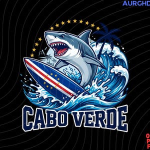 May include: A graphic illustration featuring a shark riding a surfboard decorated with the Cabo Verde flag colors, surrounded by blue ocean waves and a palm tree. The text CABO VERDE is displayed in bold blue letters at the bottom of the design.