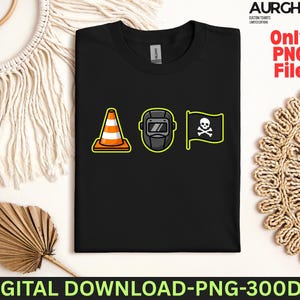 May include: Black t-shirt featuring three cartoon graphics: an orange and white traffic cone, a welding mask, and a pirate flag with a skull and crossbones. The shirt has the text "DIGITAL DOWNLOAD-PNG-300DPI".