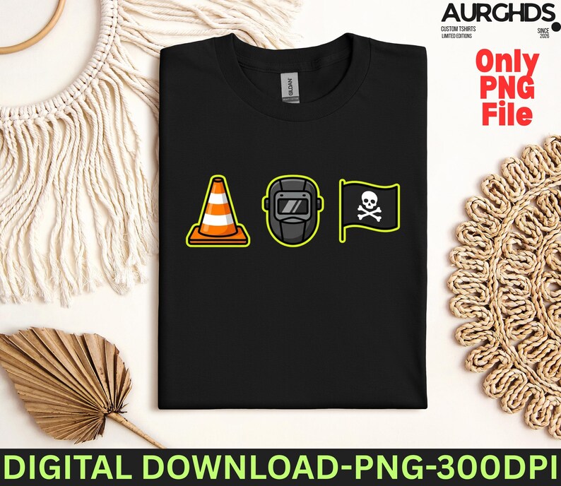 May include: Black t-shirt featuring three cartoon graphics: an orange and white traffic cone, a welding mask, and a pirate flag with a skull and crossbones. The shirt has the text "DIGITAL DOWNLOAD-PNG-300DPI".