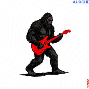 Peut inclure: Une illustration graphique en noir et blanc représentant une créature Bigfoot poilue jouant d'une guitare électrique rouge vif. La créature est représentée debout, tenant l'instrument à deux mains. Le texte AURGHDS apparaît dans le coin supérieur droit.