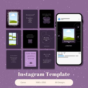 May include: Instagram template design with a purple background and a smartphone mockup. The template includes various square designs with text and images, and the phone displays a sample post. The text on the template includes phrases like "The Research" and "Come Book Shopping With Me."