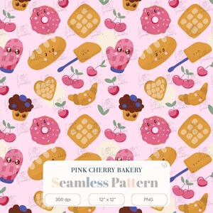 Papel digital kawaii de panadería dulce: patrón de corazón de cereza, fondo rosa sin costuras dibujado a mano, scrapbooking