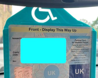 Disability UK houder voor gehandicaptenparkeerkaart (blauwe badge) voor achteruitkijkspiegel, ideaal voor een reis naar Florida, de VS of Europa.