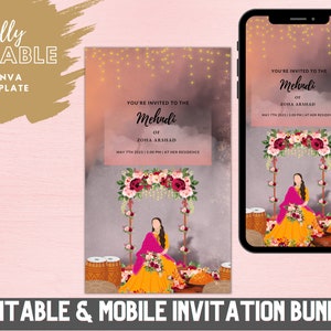 Modello di invito Mendhi digitale, matrimonio indiano, matrimonio pakistano, Canva stampabile personalizzato modificabile, download istantaneo
