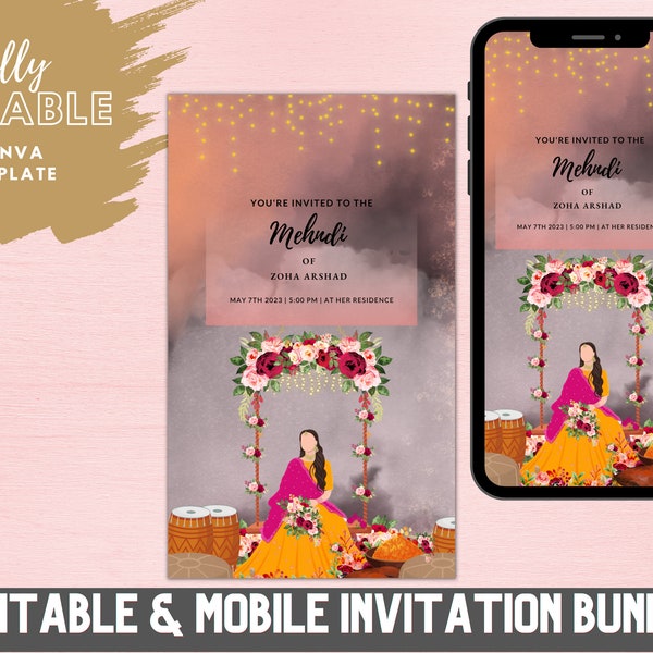 Digital Mendhi Invitation Template, Indian Wedding, Pakistani Wedding, Editable Custom Printable Canva, Instant Download