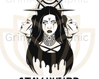 May include: Black and white illustration of a woman with long hair and a crown of thorns. She has a third eye and a pentagram on her chest. The text "STAY WEIRD" is below her.