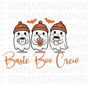 Pode incluir: Ilustração digital de três fantasmas de desenho animado usando gorros laranja, cada um segurando uma bebida. O texto "Basic Boo Crew" está escrito em laranja abaixo dos fantasmas, com três morcegos laranja acima. Os fantasmas sorriem.