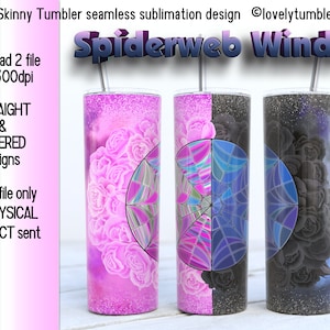 Pode incluir: Dois copos finos de 20 onças com designs de sublimação. O copo à esquerda tem um fundo rosa com um design de teia de aranha branca e rosas cor-de-rosa. O copo à direita tem um fundo preto com um design de teia de aranha branca e rosas pretas. O texto "Spiderweb Window" está no topo da imagem.