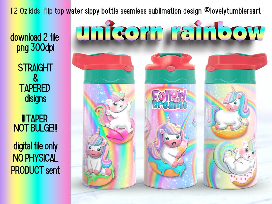 12 Oz Kids Flip Top Water Sippy Bottle. Unicorn on the Rainbow ...