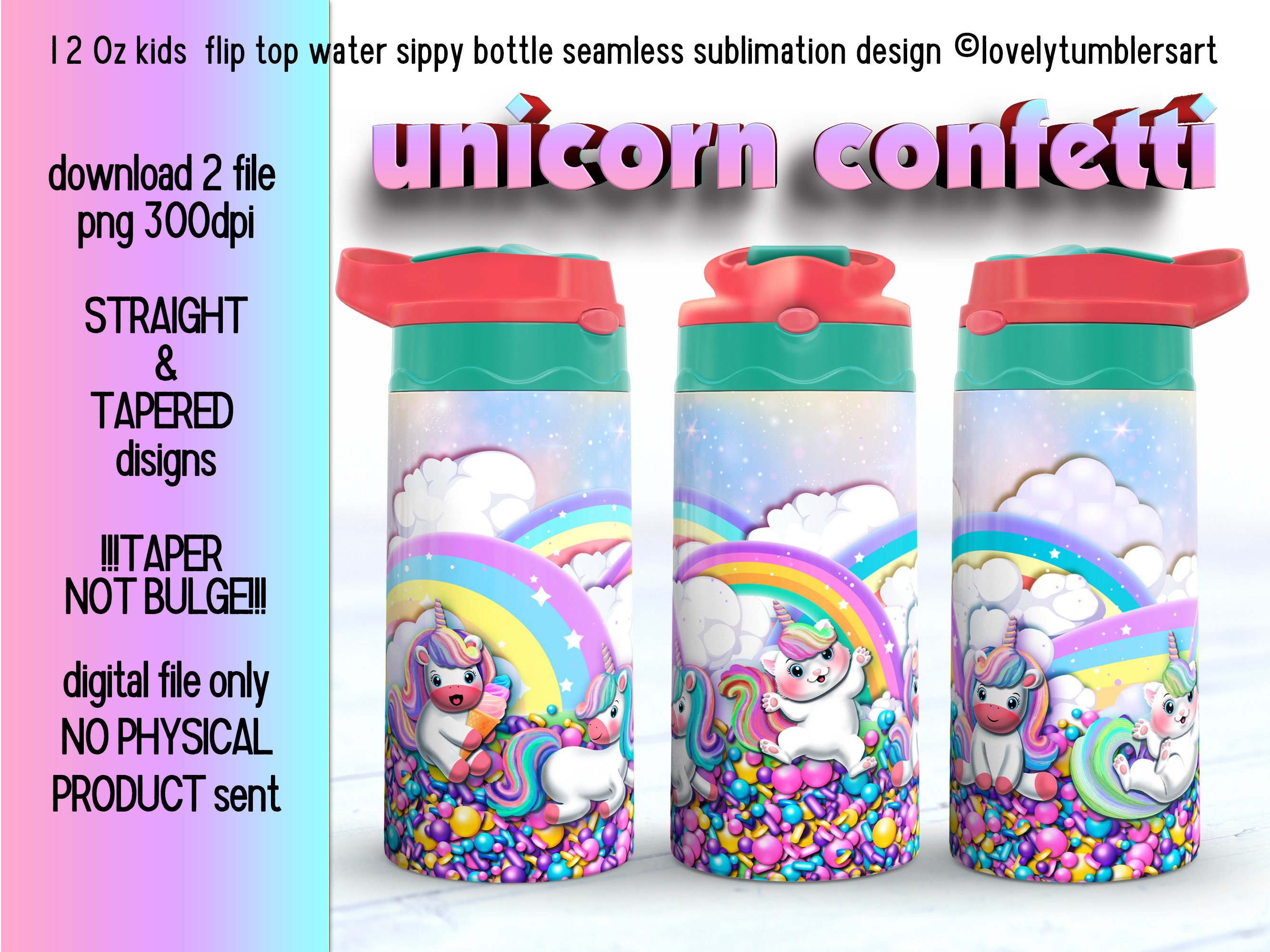 12 Oz Kids Flip Top Water Sippy Bottle. Unicorn Candy Confetti Rainbow ...