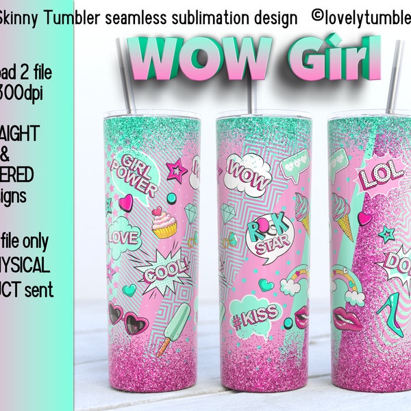 20oz Skinny Tumbler Wow Girl Power Sublimation Designs.  Baby Doll.  Skinny Warp Tumbler Design. 20oz Tumbler png Digital Download.