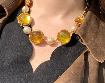 Vintage yellow and amber resin necklace, gripoix pearls, signed Yves Saint Laurent