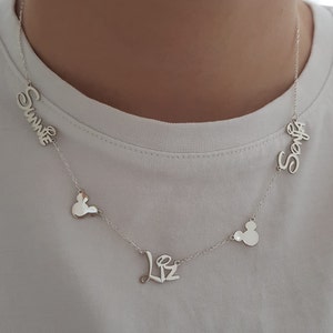 Gold Family Name Necklace, Multiple Disney Font Necklace, Silver Two Name Necklace With Mouse Head, Disney Lover Gift