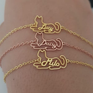 Custom Cat Bracelet, Dainty Cat Bracelet, Gold Name Bracelet With Cat, Cat Lover Gift, Silver Cat Bracelet, Mothers Day Gift