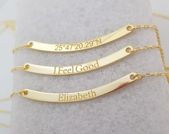 Dainty Curved Bar Necklace, Custom Nameplate, Coordinate Jewelry