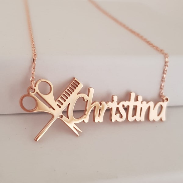 Personalized Hairdresser Name Necklace,Custom Scissors With Name,Hair Desing Gift,Custom Profession Neckace