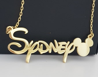 Gold Personalized Name Necklace with Mouse, Handmade Cartoon Jewelry, Disney Font Nameplate, Silver Gift