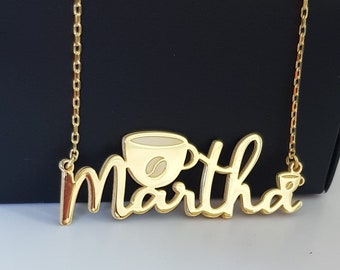 Coffee Necklace, Gold Custom Jewelry, Coffee Name Necklace, Silver Name Necklace, Coffee Cup Necklace, Gift For Her