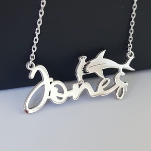 Shark Hammerhead Name Necklace, Silver Shark Necklace, Custom Hammerhead Gift, Gold Jewelry, Hammerhead Lover Gift