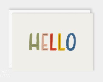 Colorful Hello Greeting Card with Lettering, Playful and Whimsical Everyday Blank Folded Note Card