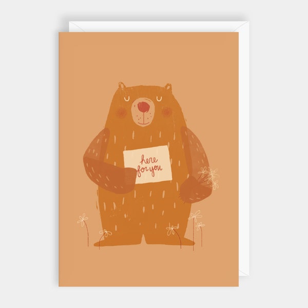 Modern Illustrated Sympathy Thinking of You Card, Illustrated Bear with Here for You Sign and Flowers