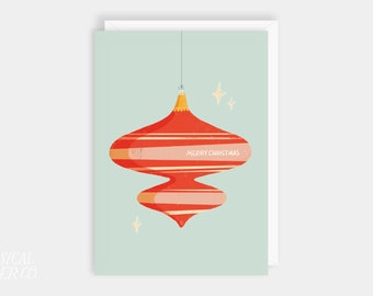 Modern Retro Illustrated Christmas Card, Colorful Cheerful Vintage Ornament Card for No Photo Christmas Greeting