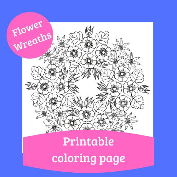 Flower Wreath Coloring Page Printable Floral Botanical Adult Etsy