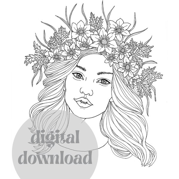 4 digital coloring pages beautiful women portraits with flowery hairstyles, relaxing relaxed coloring for adults, flower coloring