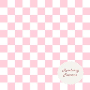 May include: A repeating pattern of pink and white squares in a checkerboard design. The squares are of equal size, creating a symmetrical pattern. The image has a soft, pastel aesthetic. The text "Roseberry Patterns" is in a white, scalloped-edged circle in the lower right corner.