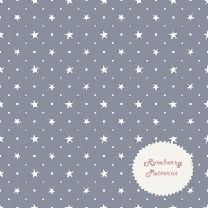 May include: A seamless pattern featuring white stars and dots on a muted gray background. The design is evenly spaced and repeated across the surface. A circular label with the text "Roseberry Patterns" is in the lower right corner.