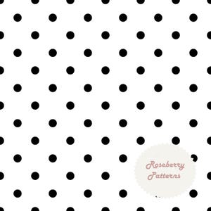 Peut inclure: Un motif sans couture de pois noirs sur fond blanc. Les pois, espacés régulièrement, créent un design classique et ludique. Le texte "Roseberry Patterns" est dans une police décorative.