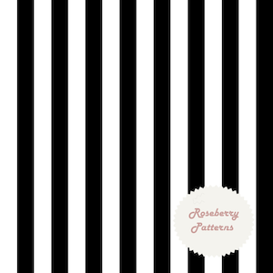 May include: Vertical black and white striped pattern. The design features alternating thick black and white stripes. A light-colored, scalloped-edged label in the lower right corner reads "Roseberry Patterns".