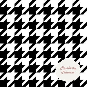 May include: Black and white houndstooth pattern. The repeating design features a classic geometric motif with alternating black and white shapes. The image includes the text "Roseberry Patterns" in a decorative label.