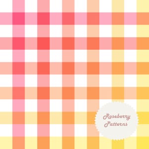 May include: A vibrant gingham pattern in pink, orange, and yellow, with white squares. The design features a repeating grid of squares. A white, scalloped circle with the text "Roseberry Patterns" is in the lower right corner.