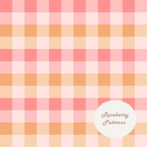 May include: A seamless pattern featuring a grid of squares in shades of pink and peach. The design includes a repeating pattern of light and dark squares. A white, scalloped-edged label in the lower right corner reads "Roseberry Patterns."