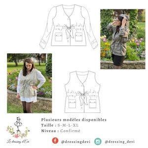 May include: A black and white line drawing of a vest with a bow tie, two pockets, and buttons. The vest is available in sizes S-M-L-XL. The text "Plusieurs modèles disponibles" is written in French below the drawing. The text "Taille: S-M-L-XL" is written in French below the drawing. The text "Niveau: Confirmé" is written in French below the drawing.