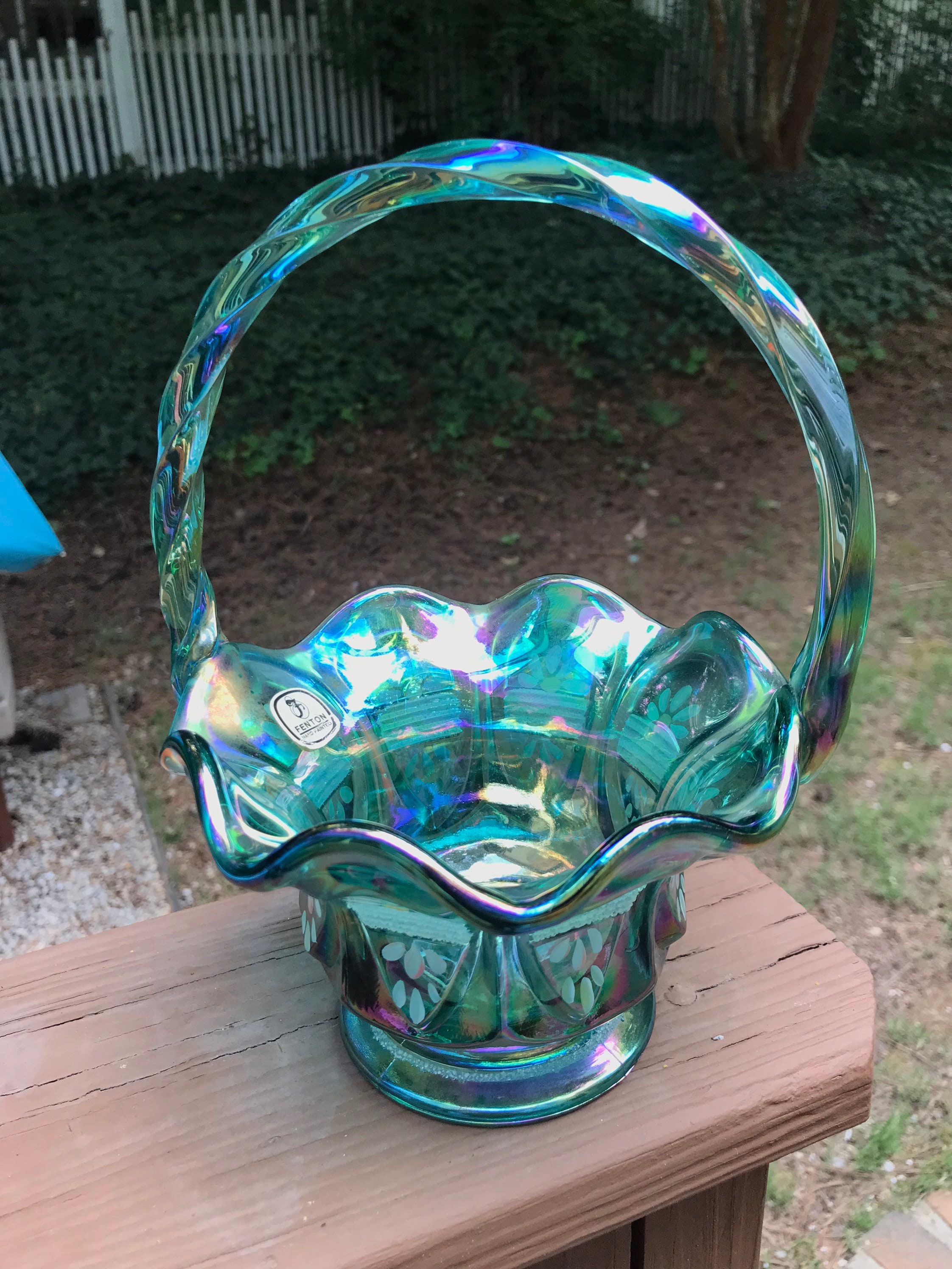 Green Fenton Glass Basket Vintage Hand Painted & Signed Etsy