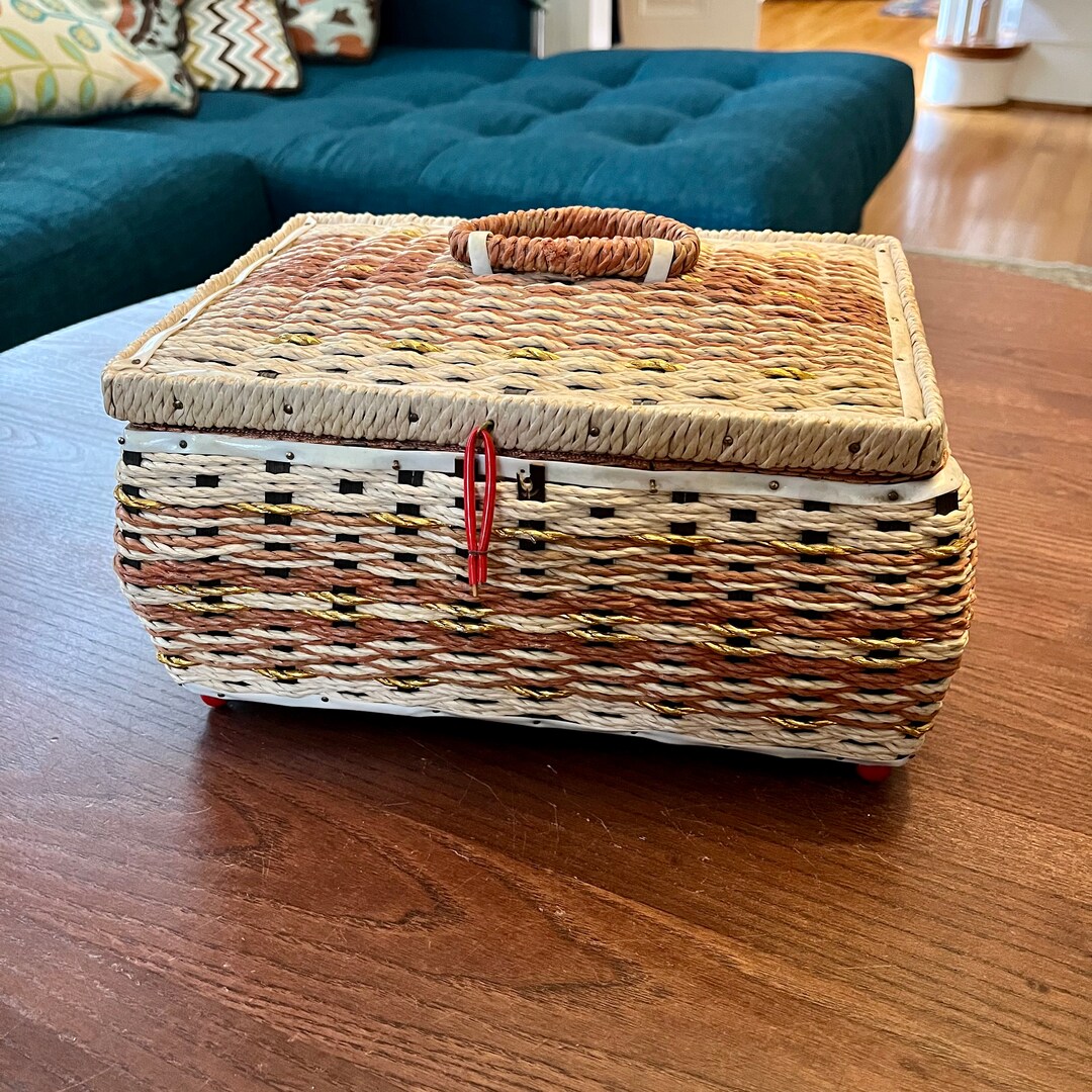 Vintage Wicker Sewing Basket With Plush Interior and Wooden Etsy