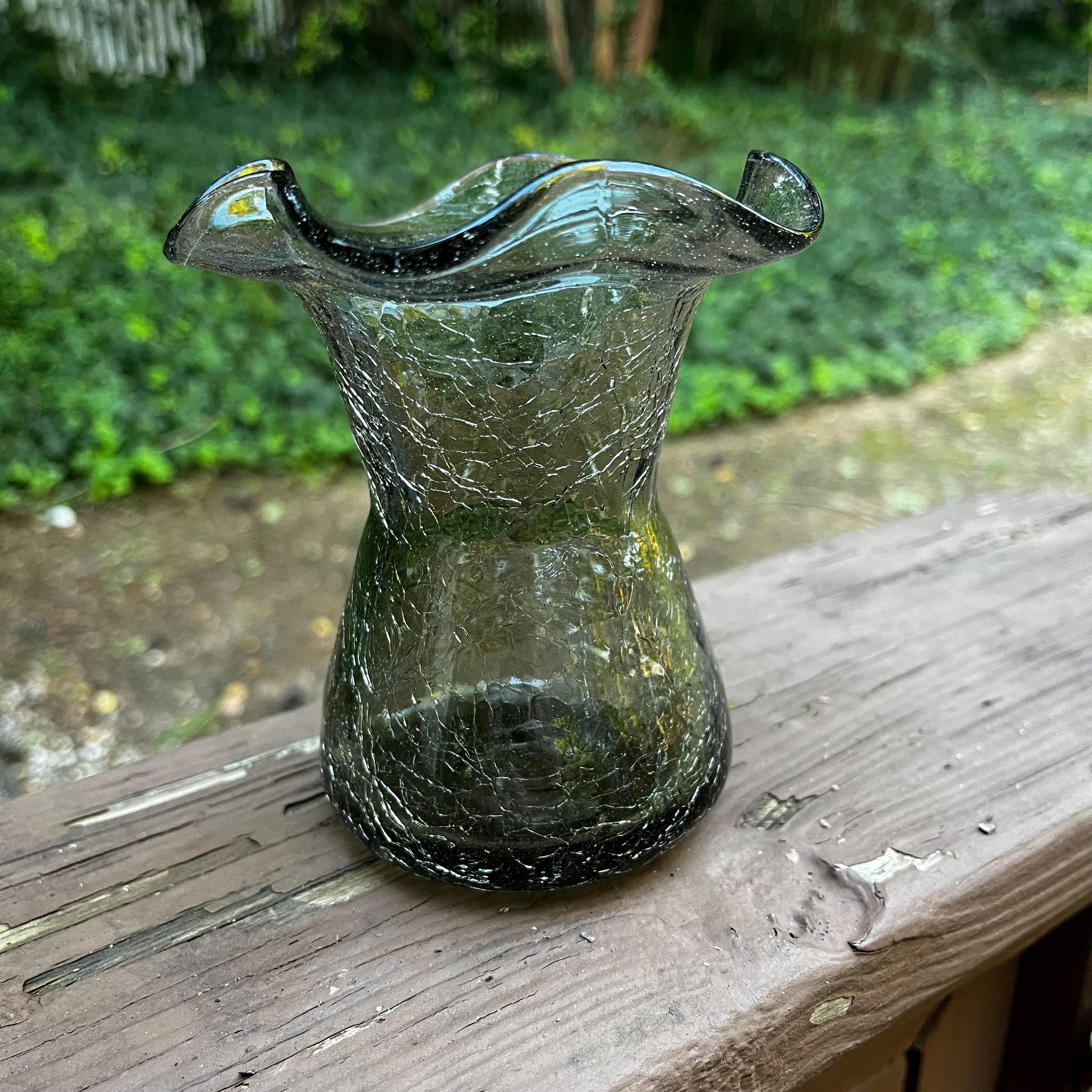 Vintage Smoky Gray Crackle Glass Vase With Ruffled Top, Just Under