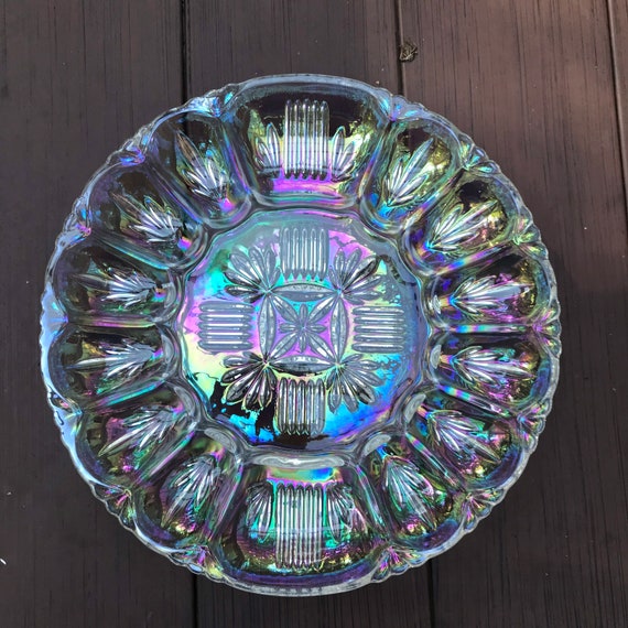 Iridescent Carnival Glass Deviled Egg Dish in Perfect Vintage Etsy