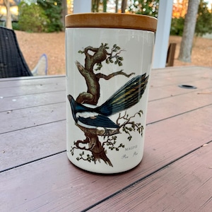 Vintage 1970s Portmeirion Birds of Britain (Acorn & Leaf Rim) Magpie 7.5” tall storage jar with wooden lid