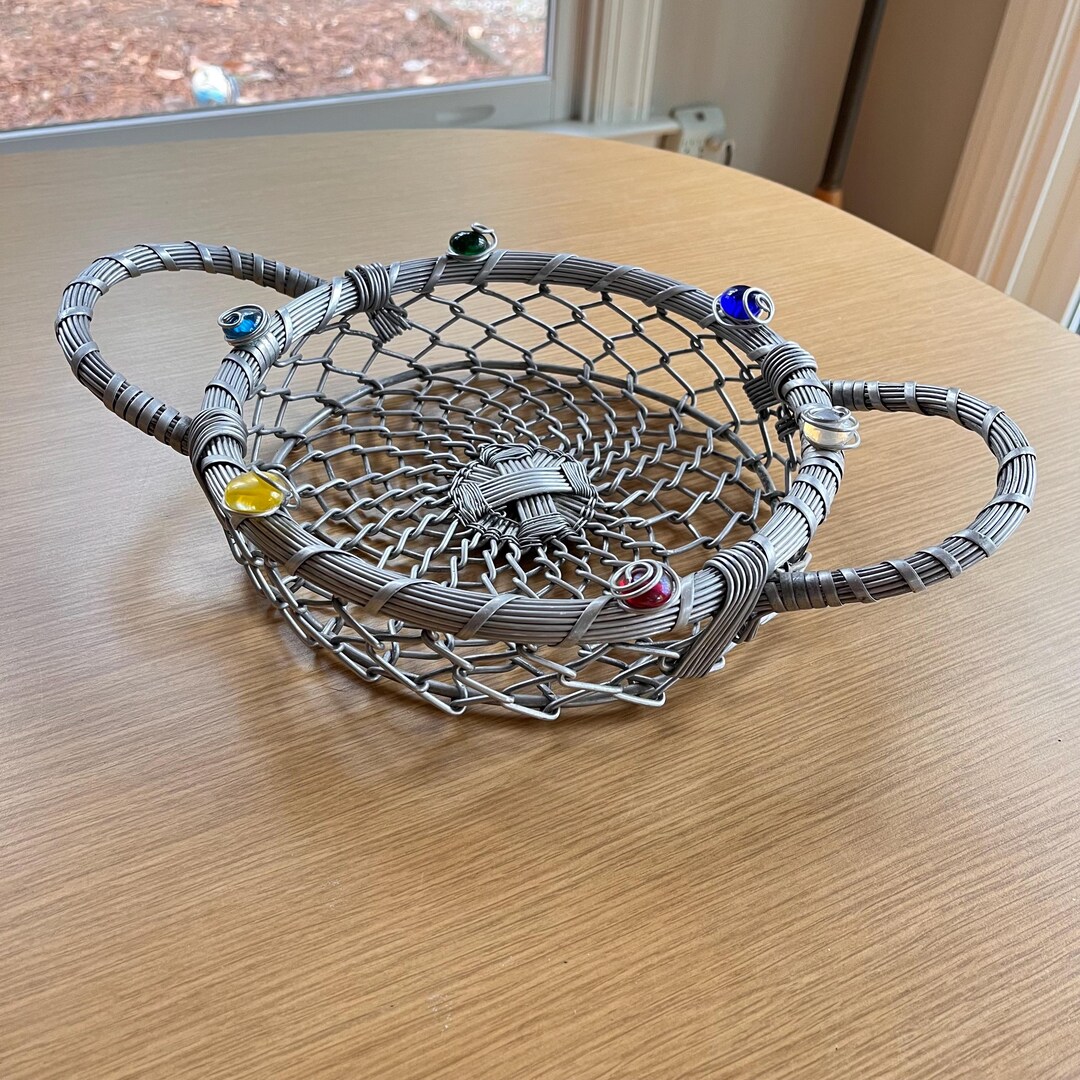 Vintage Dary Rees Metal Wire Bread or Fruit Basket With Colored Glass ...
