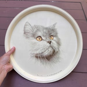 Vintage 1984 Marlet Intl design, Massilly France round cat(!) metal tray - 13&quot; diameter