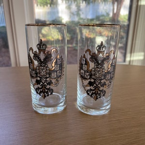 Rare pair of Two-Headed Eagle Gold Rimmed Vintage MCM Hi-Ball Drinking Glasses