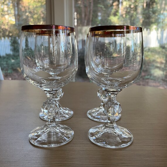 Set of 4 Vintage Bohemian Crystal Wine Glasses With Metallic