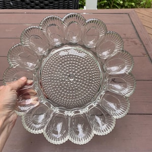 Vintage Indiana Glass Pressed Glass Hobnail Deviled Egg Plate - Holds 15 Eggs in great condition
