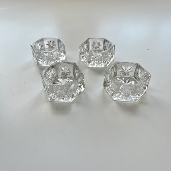 2 Sets of 4 Vintage Cut Crystal Glass Salt Cellars, hexagon and star design