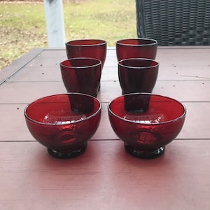 1940s Ruby Red Anchor Hocking Glassware - 2 each of juice glasses, tumblers, and sherbet cups