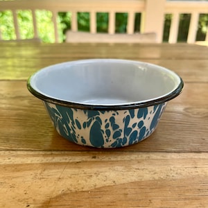Antique Enamelware Bowl - Blue and White Farmhouse - 1940s